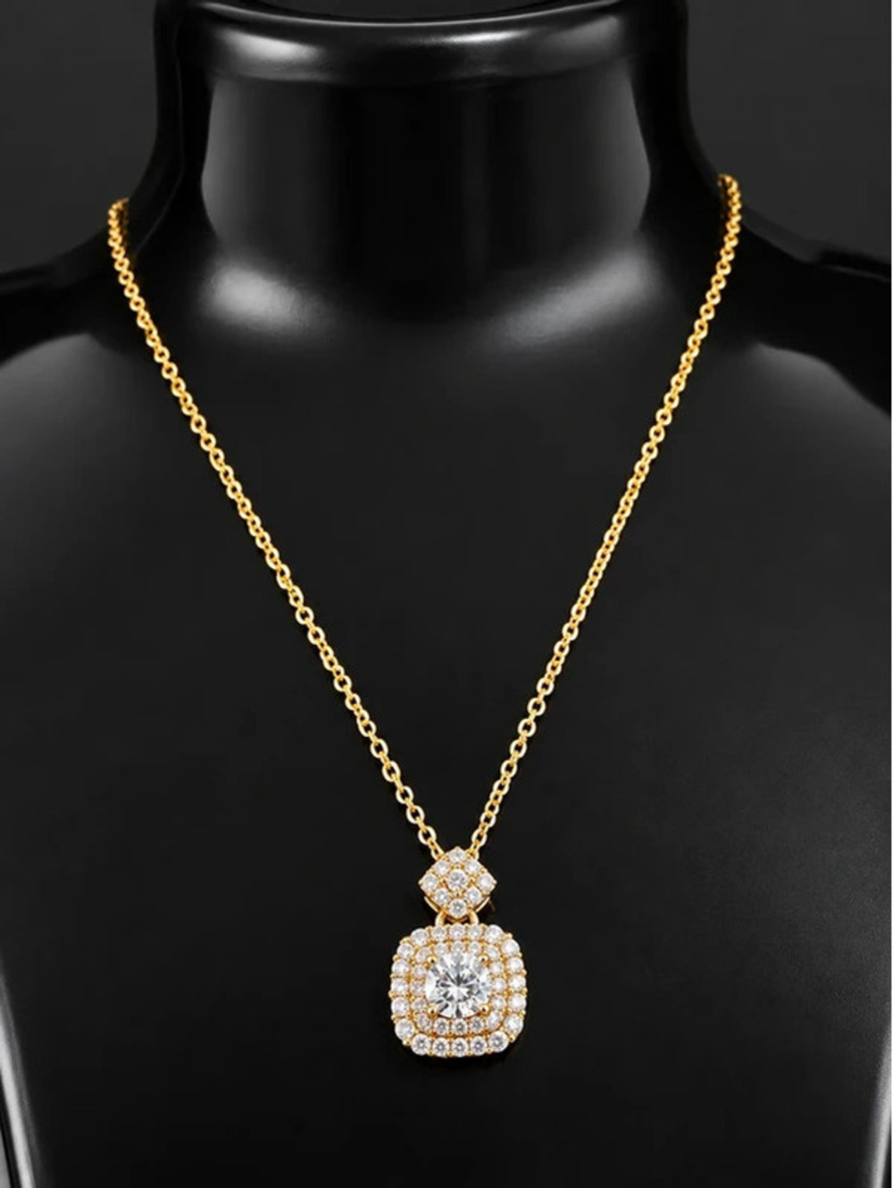 #859 Gold Tone Sparkling Cushion Halo Pendant Necklace – Clear Stones